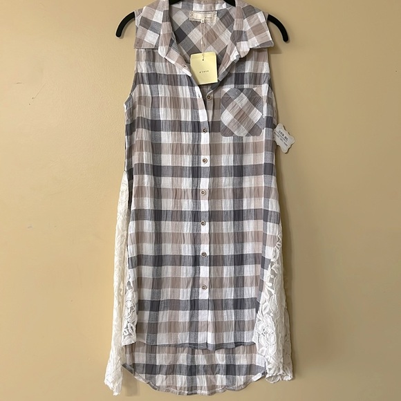 a’ reve Taupe Plaid Midi-Tunic with lace NWT - Picture 1 of 8